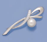 Sterling Silver Brooch with 10.5-11mm Button Shape Freshwater Pearl and Cubic Zirconia - Wing Wo Hing Jewelry Group - Pearl Jewelry Manufacturer
