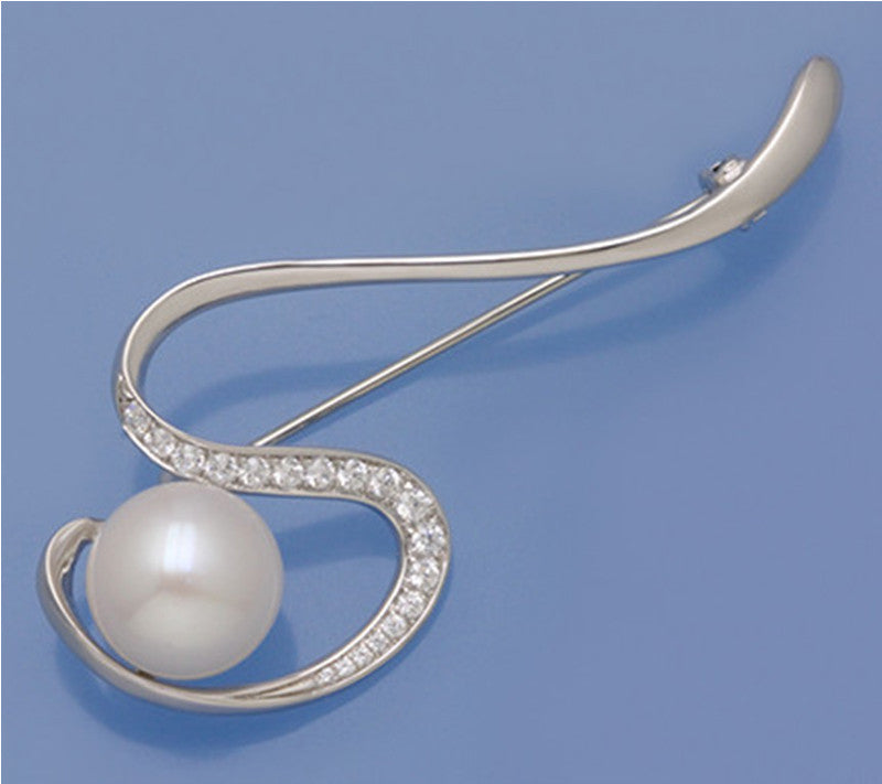 Sterling Silver Brooch with 10-10.5mm Button Shape Freshwater Pearl and Cubic Zirconia - Wing Wo Hing Jewelry Group - Pearl Jewelry Manufacturer