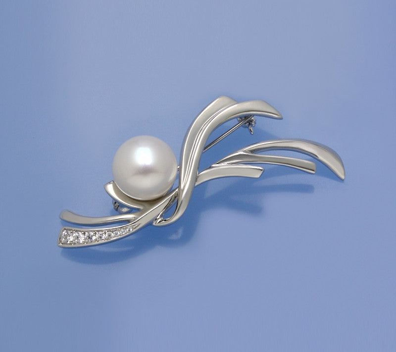 Sterling Silver Brooch with 10.5-11mm Button Shape Freshwater Pearl and Cubic Zirconia - Wing Wo Hing Jewelry Group - Pearl Jewelry Manufacturer