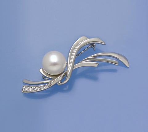 Sterling Silver Brooch with 10.5-11mm Button Shape Freshwater Pearl and Cubic Zirconia