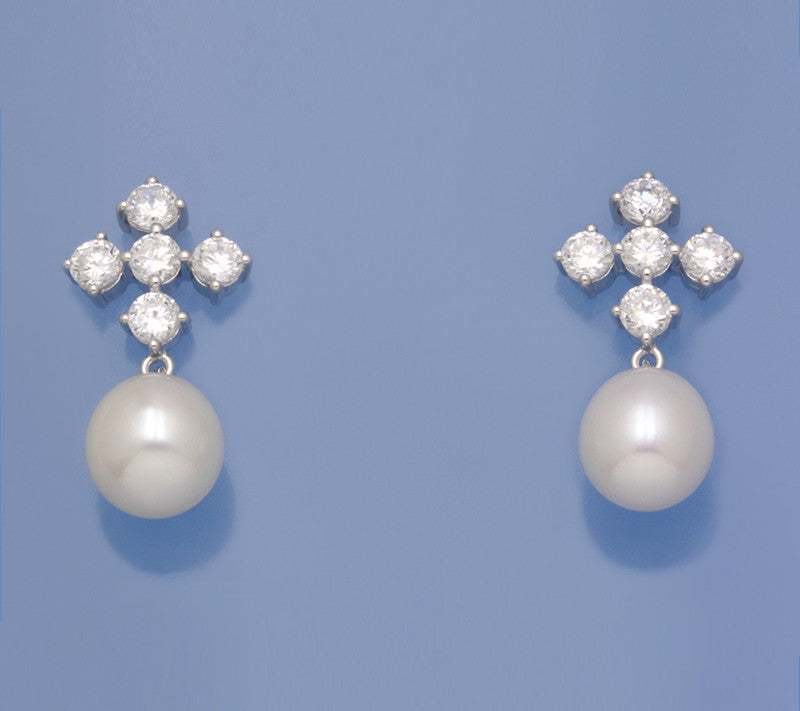 Sterling Silver Earrings with 10-10.5mm Drop Shape Freshwater Pearl and Cubic Zirconia - Wing Wo Hing Jewelry Group - Pearl Jewelry Manufacturer
