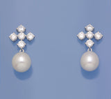 Sterling Silver Earrings with 10-10.5mm Drop Shape Freshwater Pearl and Cubic Zirconia - Wing Wo Hing Jewelry Group - Pearl Jewelry Manufacturer