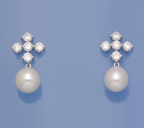 Sterling Silver Earrings with 10-10.5mm Drop Shape Freshwater Pearl and Cubic Zirconia