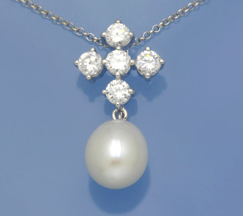 Sterling Silver Pendant with 10-10.5mm Drop Shape Freshwater Pearl and Cubic Zirconia