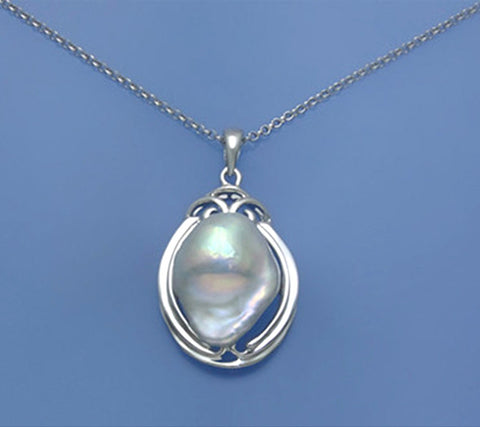 Sterling Silver Pendant with 14*17.5mm Baroque Shape Freshwater Pearl