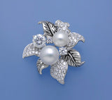 White and Black Plated Silver Brooch with Button Shape Freshwater Pearl and Cubic Zirconia - Wing Wo Hing Jewelry Group - Pearl Jewelry Manufacturer