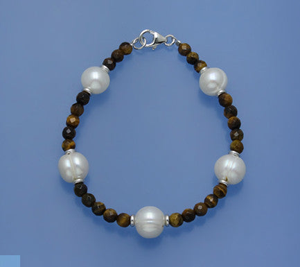 Sterling Silver Bracelet with 9-10mm Ringed Shape Freshwater Pearl and Tiger Eye