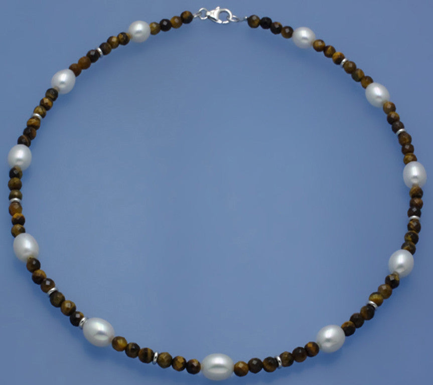 Sterling Silver Necklace with 7.5-8mm Oval Shape Freshwater Pearl and Tiger Eye - Wing Wo Hing Jewelry Group - Pearl Jewelry Manufacturer