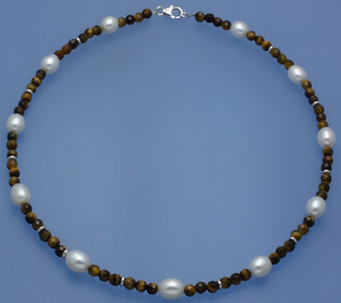 Sterling Silver Necklace with 7.5-8mm Oval Shape Freshwater Pearl and Tiger Eye