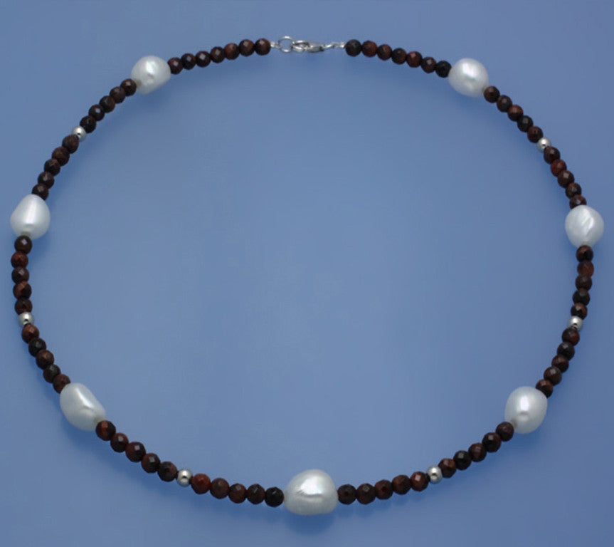 Sterling Silver Necklace with 9-10mm Oval Shape Freshwater Pearl and Tiger Eye - Wing Wo Hing Jewelry Group - Pearl Jewelry Manufacturer