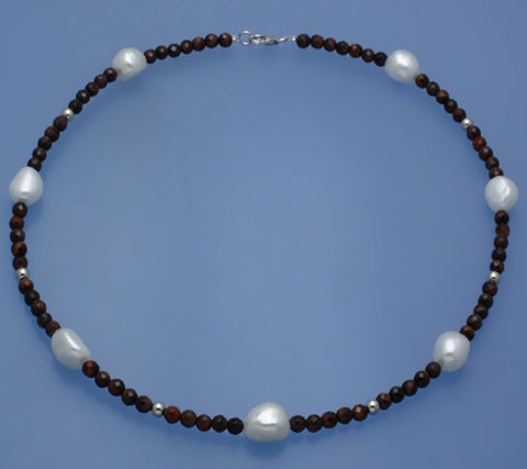 Sterling Silver Necklace with 9-10mm Oval Shape Freshwater Pearl and Tiger Eye