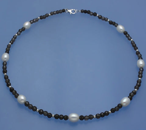 Sterling Silver Necklace with 7.5-8mm Oval Shape Freshwater Pearl and Smoky Quartz