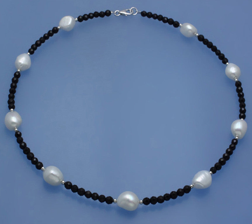 Sterling Silver Necklace with 9-10mm Oval Shape Freshwater Pearl and Black Agate - Wing Wo Hing Jewelry Group - Pearl Jewelry Manufacturer