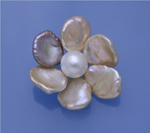 Sterling Silver Brooch with 12-12.5mm Button Shape and 15-15.5mm Natural Color Baroque Shape Freshwater Pearl