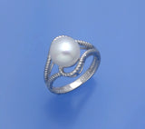 Sterling Silver Ring with 9-9.5mm White Button Shape Freshwater Pearl - Wing Wo Hing Jewelry Group - Pearl Jewelry Manufacturer