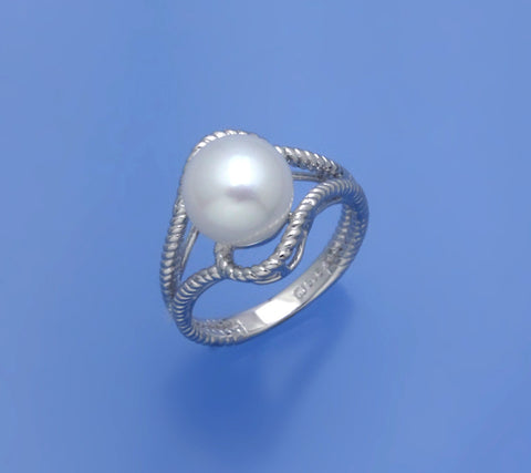Sterling Silver Ring with 9-9.5mm White Button Shape Freshwater Pearl