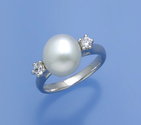 Sterling Silver Ring with 9-9.5mm Button Shape Freshwater Pearl and Cubic Zirconia - Wing Wo Hing Jewelry Group - Pearl Jewelry Manufacturer