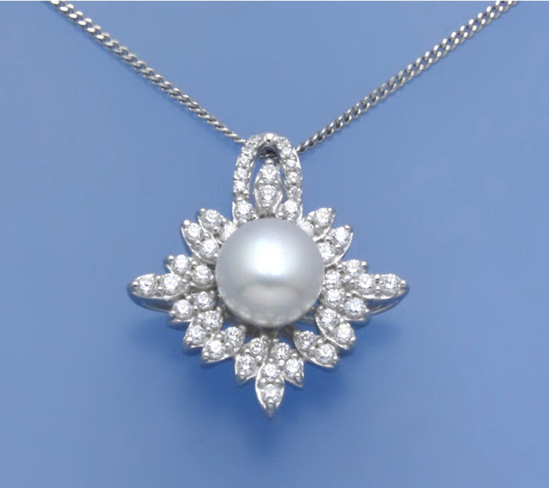 Sterling Silver Pendant with 7-7.5mm Button Shape Freshwater Pearl and Cubic Zirconia - Wing Wo Hing Jewelry Group - Pearl Jewelry Manufacturer