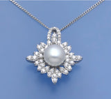 Sterling Silver Pendant with 7-7.5mm Button Shape Freshwater Pearl and Cubic Zirconia - Wing Wo Hing Jewelry Group - Pearl Jewelry Manufacturer