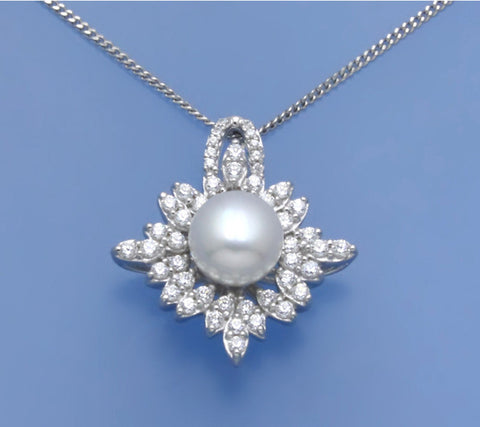 Sterling Silver Pendant with 7-7.5mm Button Shape Freshwater Pearl and Cubic Zirconia