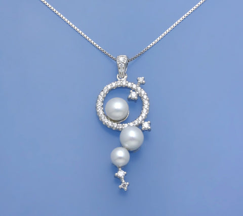 Sterling Silver Pendant with Button Shape Freshwater Pearl and Cubic Zirconia