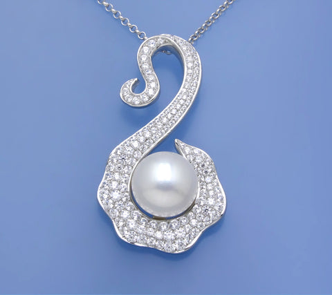 Sterling Silver Pendant with 12-12.5mm Button Shape Freshwater Pearl and Cubic Zirconia