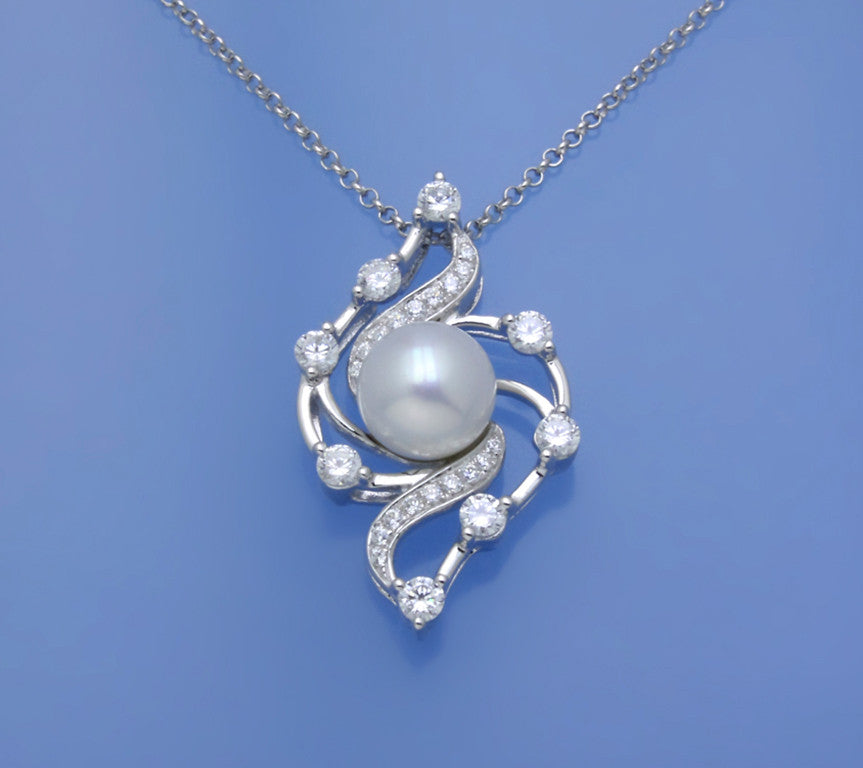 Sterling Silver Pendant with 8.5-9mm Button Shape Freshwater Pearl and Cubic Zirconia - Wing Wo Hing Jewelry Group - Pearl Jewelry Manufacturer