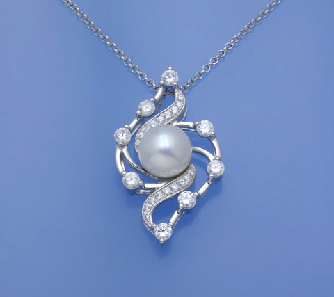 Sterling Silver Pendant with 8.5-9mm Button Shape Freshwater Pearl and Cubic Zirconia