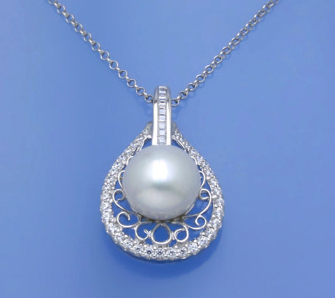 Sterling Silver Pendant with 10-10.5mm Button Shape Freshwater Pearl and Cubic Zirconia