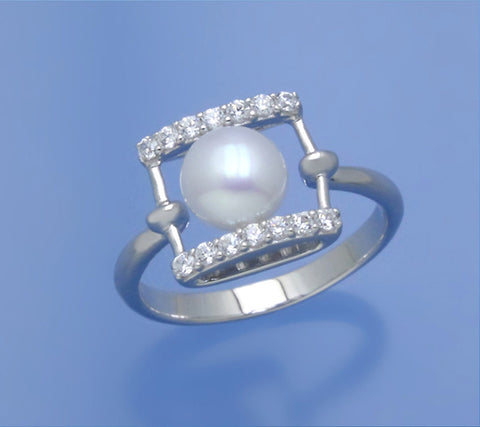Sterling Silver Ring with 7-7.5mm Button Shape Freshwater Pearl and Cubic Zirconia