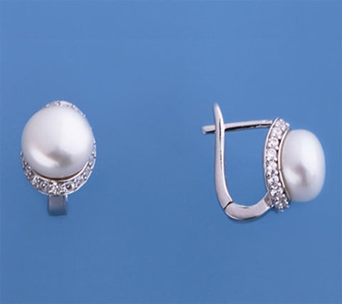 Sterling Silver Earrings with 9-9.5mm Button Shape Freshwater Pearl and Cubic Zirconia