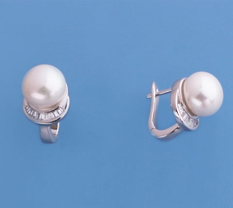 Sterling Silver Earrings with 10-10.5mm Button Shape Freshwater Pearl and Cubic Zirconia