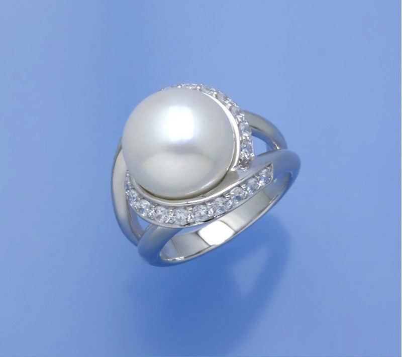 Sterling Silver Ring with 12-12.5mm Button Shape Freshwater Pearl and Cubic Zirconia - Wing Wo Hing Jewelry Group - Pearl Jewelry Manufacturer