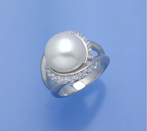 Sterling Silver Ring with 12-12.5mm Button Shape Freshwater Pearl and Cubic Zirconia