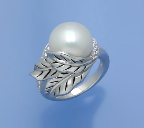 White and Black Plated Silver Ring with 11.5-12mm Button Shape Freshwater Pearl and Cubic Zirconia