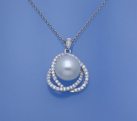 Sterling Silver Pendant with 10-10.5mm Button Shape Freshwater Pearl and Cubic Zirconia