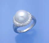 Sterling Silver Ring with 11.5-12mm Button Shape Freshwater Pearl and Cubic Zirconia - Wing Wo Hing Jewelry Group - Pearl Jewelry Manufacturer