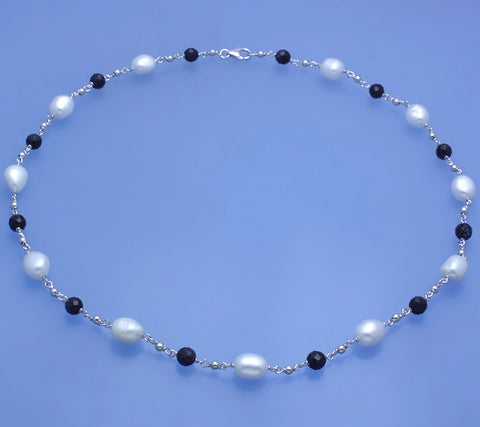Sterling Silver Necklace with 8.5-9mm Oval Shape Freshwater Pearl and Silver Ball