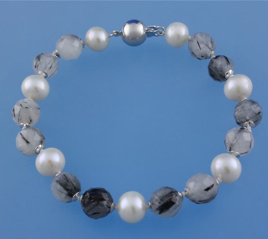 Sterling Silver Bracelet with 7.5-8.5mm Round Shape Freshwater Pearl and Black Quartz Rutilated - Wing Wo Hing Jewelry Group - Pearl Jewelry Manufacturer