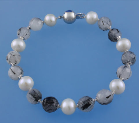 Sterling Silver Bracelet with 7.5-8.5mm Round Shape Freshwater Pearl and Black Quartz Rutilated