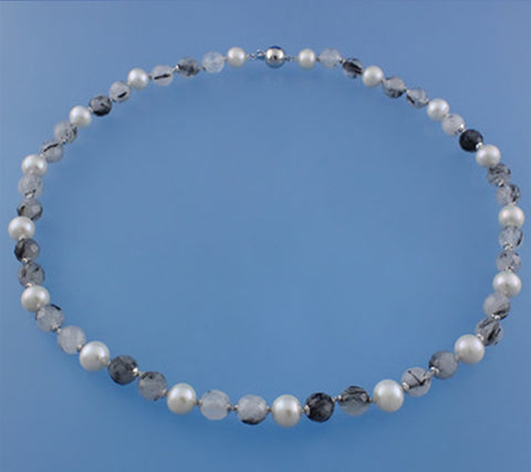Sterling Silver Necklack with 7.5-8.5mm Round Shape Freshwater Pearl and Black Rutilated Quartz
