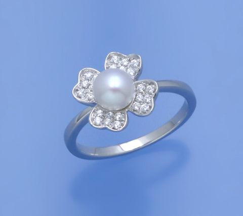 Sterling Silver Ring with 6-6.5mm Button Shape Freshwater Pearl and Cubic Zirconia