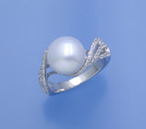 Sterling Silver Ring with 10.5-11mm Button Shape Freshwater Pearl and Cubic Zirconia - Wing Wo Hing Jewelry Group - Pearl Jewelry Manufacturer