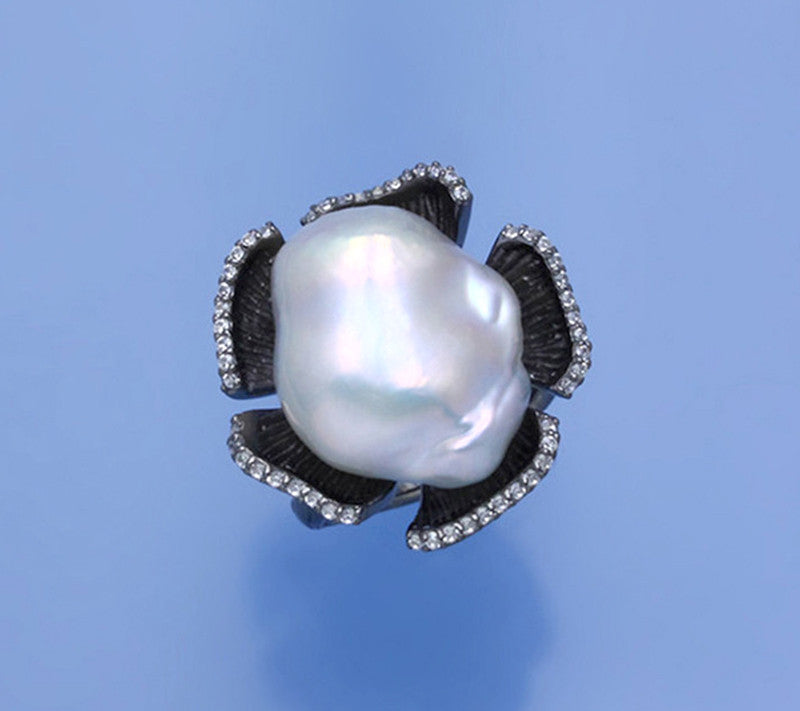 Black Plated Silver Ring with 16*21mm Baroque Shape Freshwater Pearl, Cubic Zirconia - Wing Wo Hing Jewelry Group - Pearl Jewelry Manufacturer