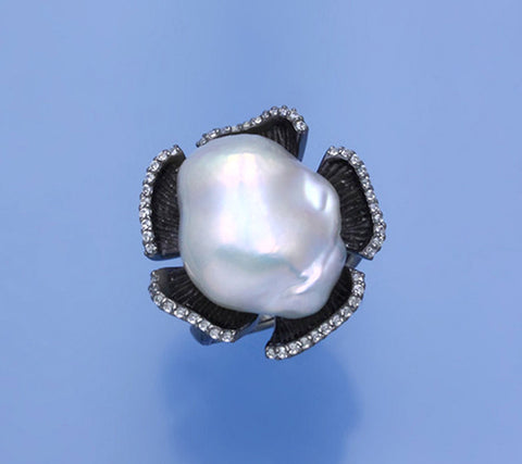 Black Plated Silver Ring with 16*21mm Baroque Shape Freshwater Pearl, Cubic Zirconia