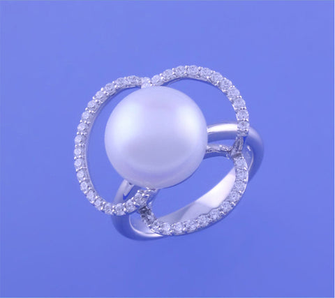 Sterling Silver Ring with 12-12.5mm Button Shape Freshwater Pearl and Cubic Zirconia