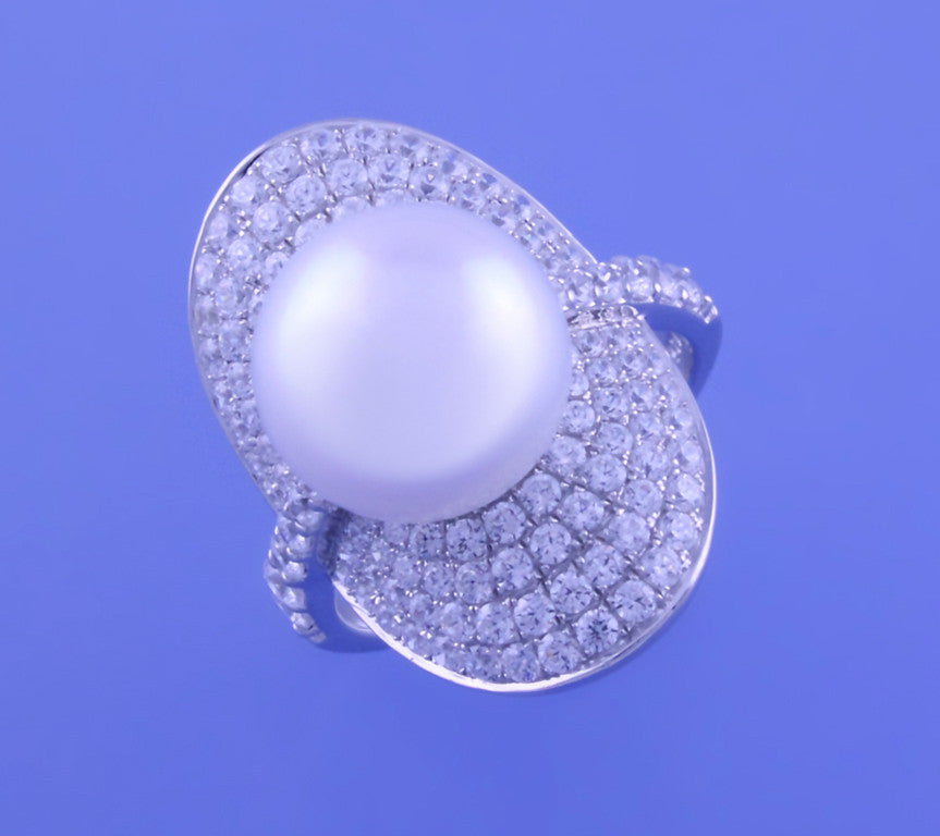 Sterling Silver Ring with 11.5-12mm Button Shape Freshwater Pearl and Cubic Zirconia - Wing Wo Hing Jewelry Group - Pearl Jewelry Manufacturer