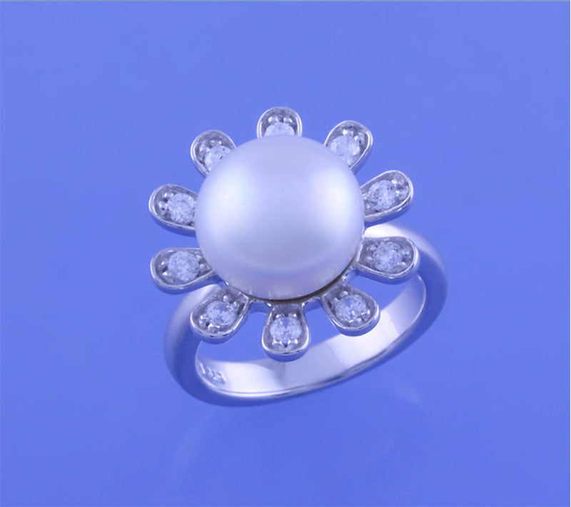 Sterling Silver Ring with 11.5-12mm Button Shape Freshwater Pearl and Cubic Zirconia - Wing Wo Hing Jewelry Group - Pearl Jewelry Manufacturer