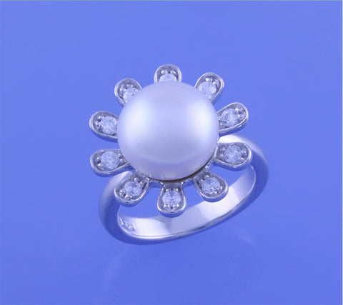 Sterling Silver Ring with 11.5-12mm Button Shape Freshwater Pearl and Cubic Zirconia