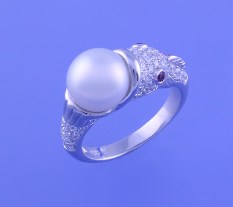 Sterling Silver Ring with 9-9.5mm Button Shape Freshwater Pearl and Cubic Zirconia - Wing Wo Hing Jewelry Group - Pearl Jewelry Manufacturer